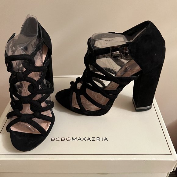 BCBG MaxAzria Jeb Black Genuine Suede Leather Cage Block Heel Sandals - Picture 1 of 5